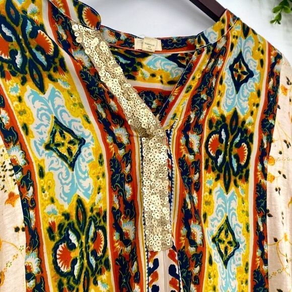 Anthropologie Tiny Boho Devas Sequin Top Printed Casual Roll-Cuff Multi S - Picture 3 of 16